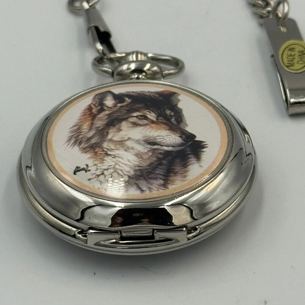 Westminster Wolf Pocket Watch Silver‎ Tone Hunter Case Wildlife Graphic & Chain